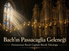 Johann Sebastian Bach’ın Passacaglia ve Füg Do minör BWV 582 eserini temsil eden dramatik barok org ve müzik notaları görseli