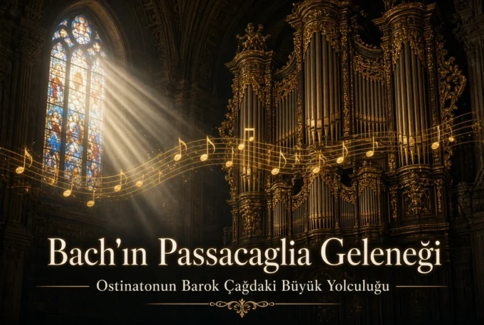 Bach Passacaglia BWV 582 – Barok org ve ostinato temalı kapak görseli Johann Sebastian Bach’ın Passacaglia ve Füg Do minör BWV 582 eserini temsil eden dramatik barok org ve müzik notaları görseli
